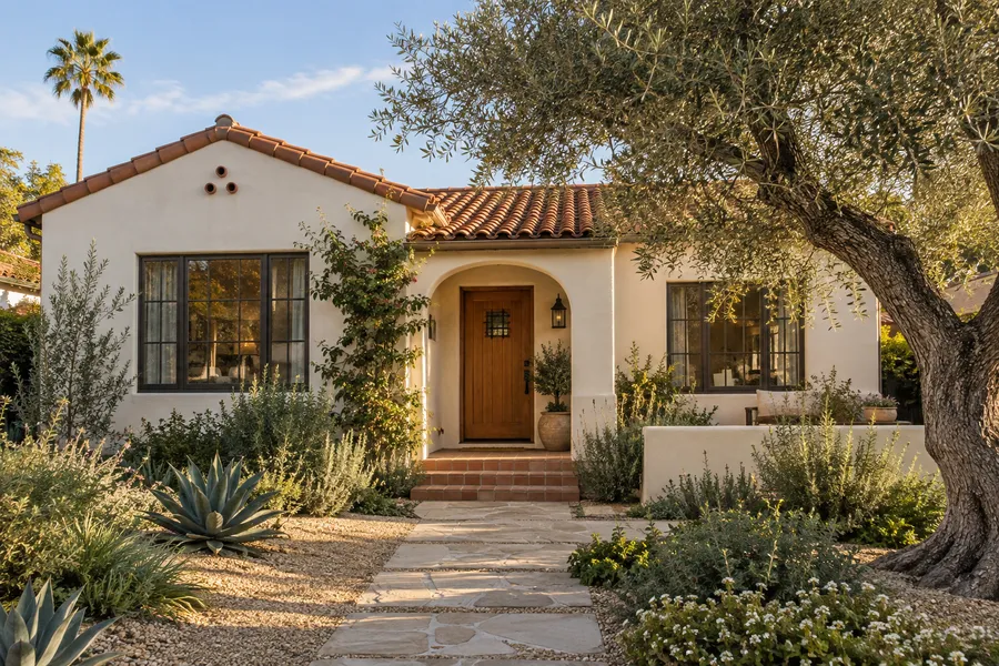 An inviting California-style home with a sunlit garden